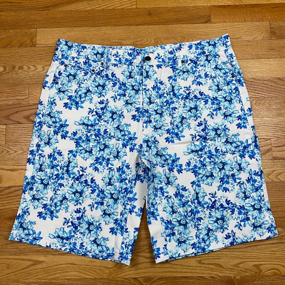 Garnet Hill Floral Shorts Women Size 16 Blue White Cotton Stretch Coastal Summer